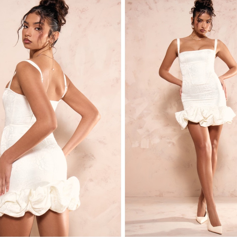 PrettyLittleThing Cream Jacquard Puff Ball Hem Mini Dress